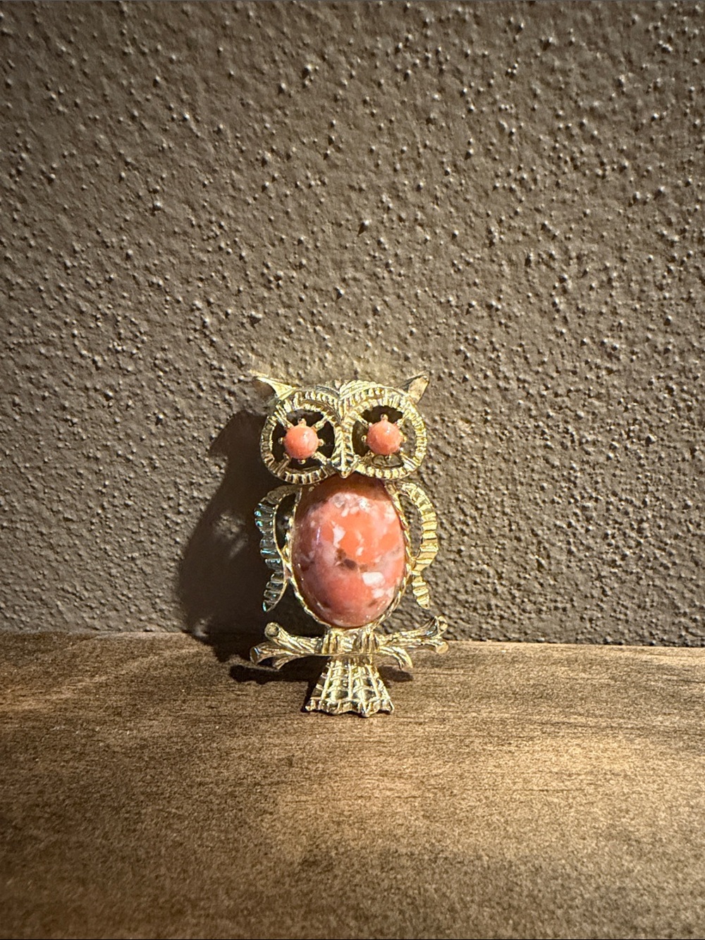 Vintage Gerry’s Gold Owl Brooch with Coral Stone